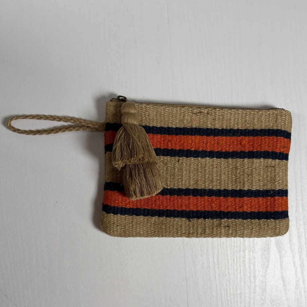 J. Jill Woven Jute Striped Tassel Clutch Wristlet Tan Orange Navy Bag Boho Beach